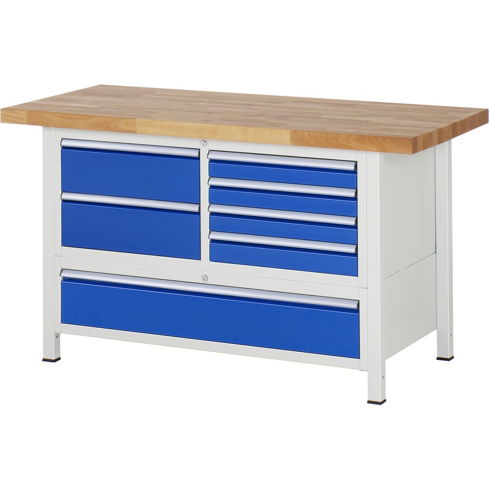 Product afbeelding: RAU werkbank serie 8000, h x b x d 840-1.040 x 1.500 x 700 mm, 1 driedubbele onderbouwkast, met 7 lades
