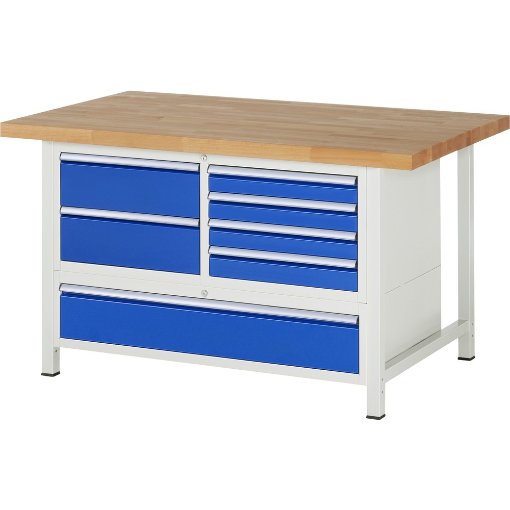 Product afbeelding: RAU werkbank serie 8000, h x b x d 840-1.040 x 1.500 x 900 mm, 1 driedubbele onderbouwkast, met 7 lades