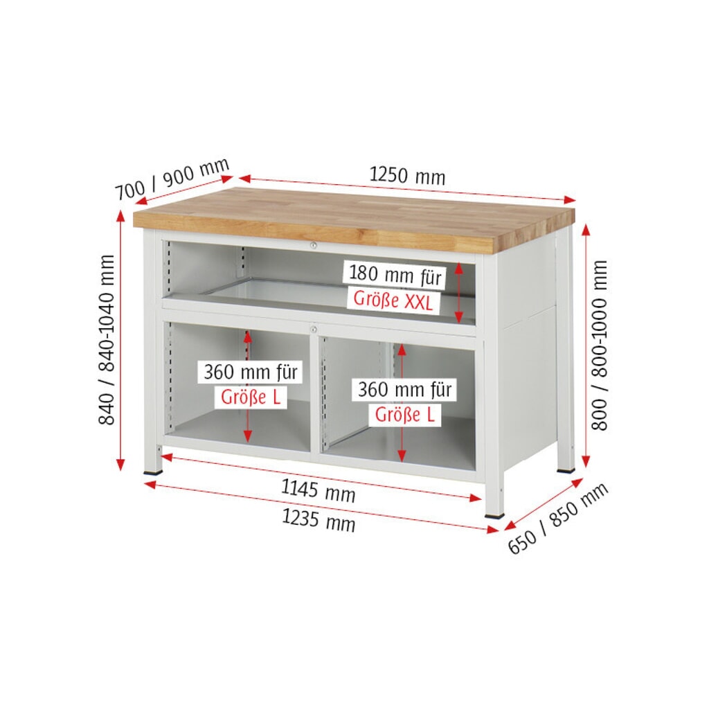 Productafbeelding nr. 9: Werkbank RAU serie 8000, 1 driedubbele kast, hxbxd 840-1.040 x 1.250 x 700 mm, 7 L + 2 XXL lades, voor 90% uittrekbaar