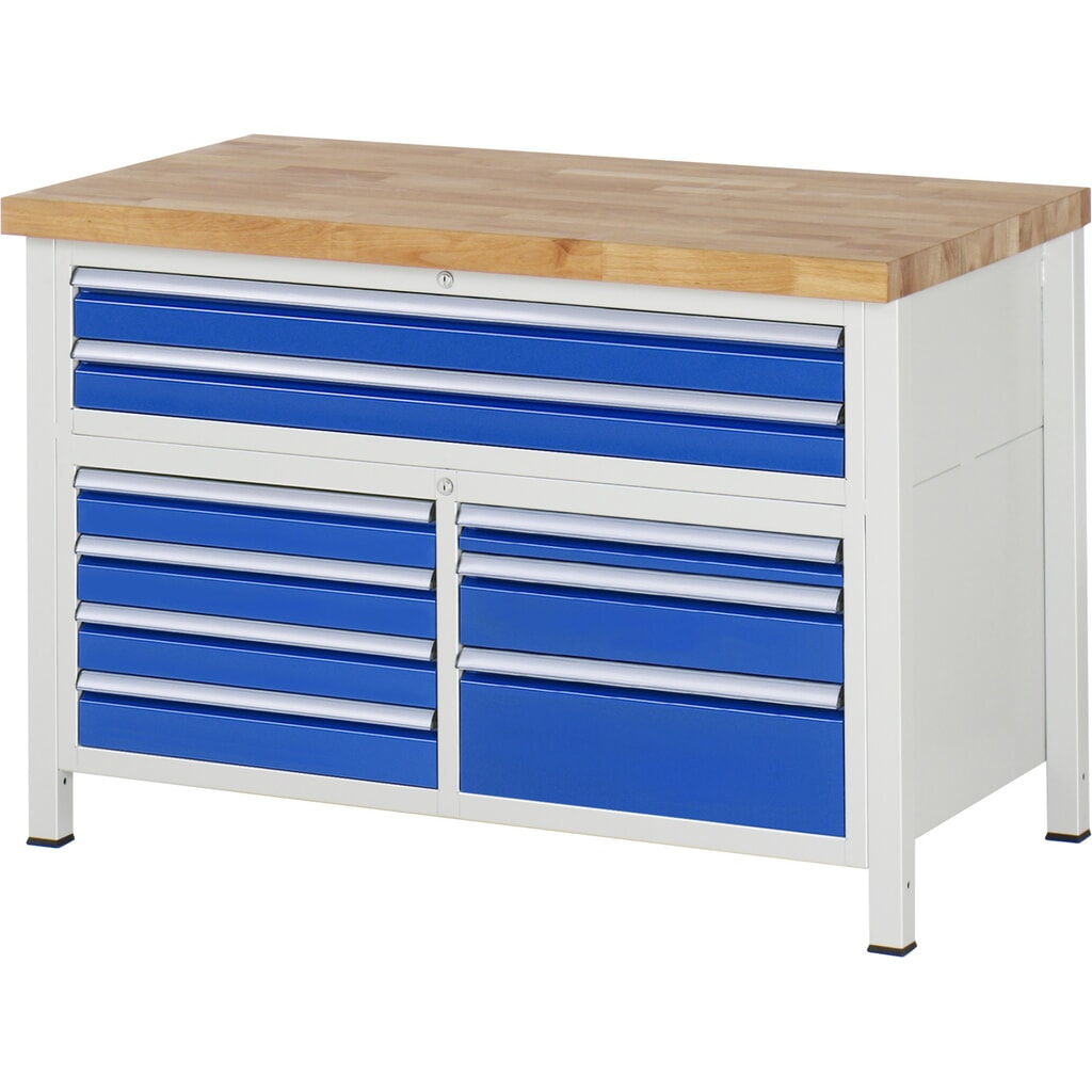 Product afbeelding: Werkbank RAU serie 8000, 1 driedubbele kast, hxbxd 840-1.040 x 1.250 x 700 mm, 7 L + 2 XXL lades, voor 90% uittrekbaar