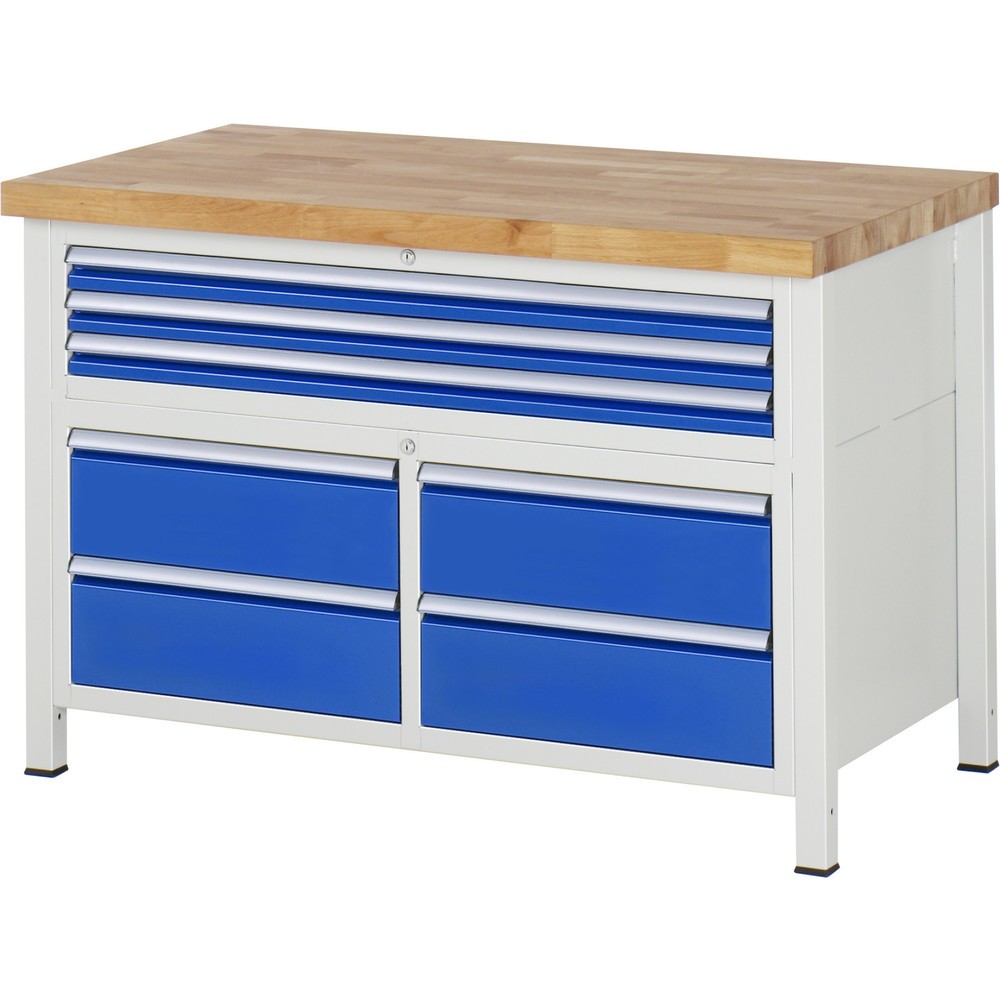 Productafbeelding nr. 1: Werkbank RAU serie 8000, 1 driedubbele kast, hxbxd 840-1.040 x 1.250 x 700 mm, 7 x voor 90% uittrekbare lades 3 x 60, 4 x 180 mm