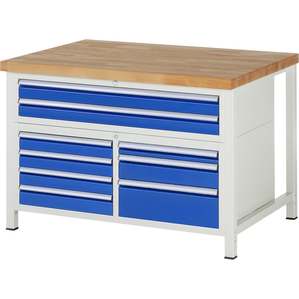 Werkbank RAU serie 8000, 1 driedubbele kast, hxbxd 840-1.040 x 1.250 x 900 mm, 9 x voor 90% uittrekbare lades, 1 x 60, 6 x 90, 1 x 120, 1 x 180 mm, draagvermogen lade 100 / 50 kg Product afbeelding: Werkbank RAU serie 8000, 1 driedubbele kast, hxbxd 840-1.040 x 1.250 x 900 mm, 9 x voor 90% uittrekbare lades, 1 x 60, 6 x 90, 1 x 120, 1 x 180 mm, draagvermogen lade 100 / 50 kg