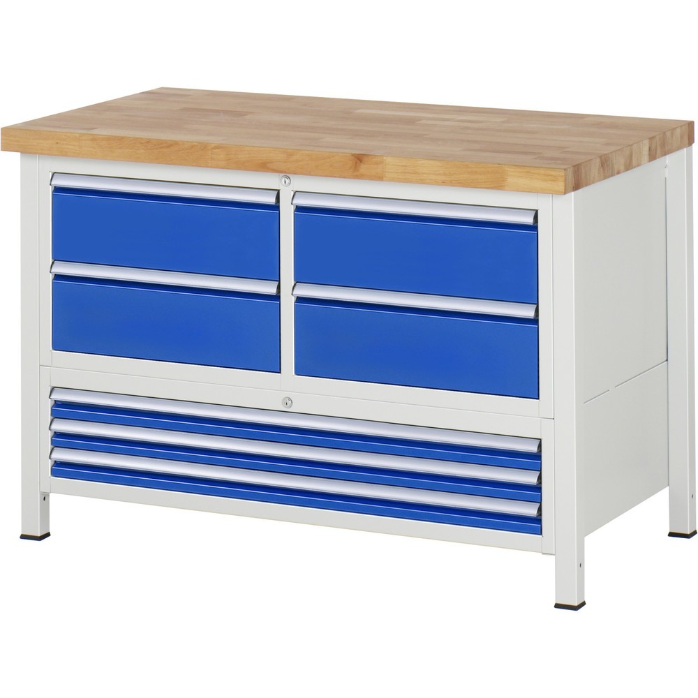 Productafbeelding nr. 1: Werkbank RAU serie 8000, 1 driedubbele kast, hxbxd 840-1.040 x 1.250 x 700 mm, 7 x voor 90% uittrekbare lades 3 x 60, 4 x 180 mm