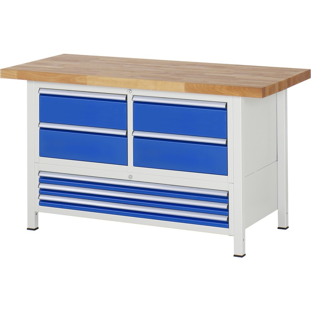 Productafbeelding nr. 1: Werkbank RAU serie 8000, 1 driedubbele kast, hxbxd 840-1.040 x 1.500 x 700 mm, 7 x voor 100% uittrekbare lades 3 x 60, 4 x 180 mm