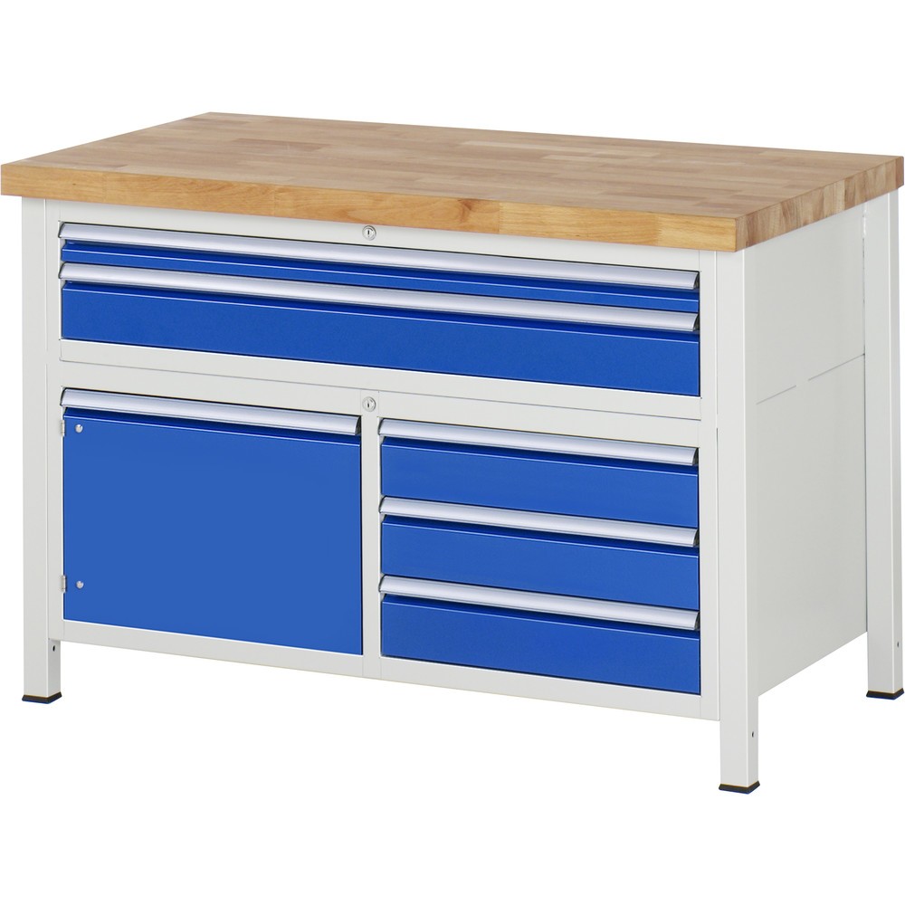 Product afbeelding: RAU werkbank serie 8000, h x b x d 840-1.040 x 1.250 x 700 mm, 1 driedubbele onderbouwkast, met 5 lades en 1 openslaande deur