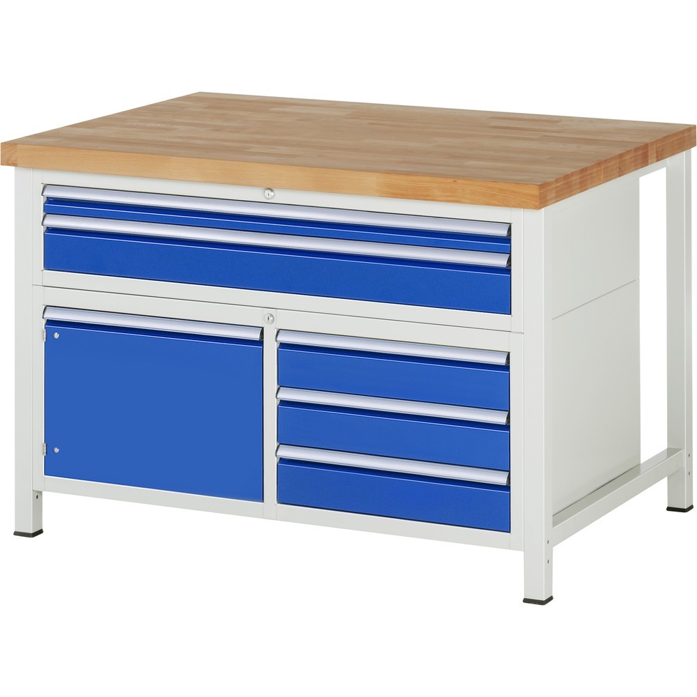 Product afbeelding: RAU werkbank serie 8000, h x b x d 840-1.040 x 1.250 x 900 mm, 1 driedubbele onderbouwkast, met 5 lades en 1 openslaande deur