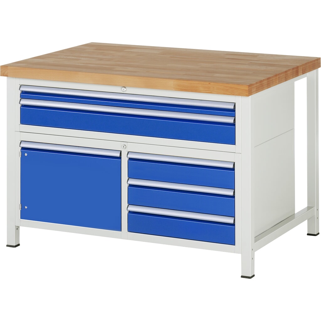 Product afbeelding: RAU werkbank serie 8000, h x b x d 840-1.040 x 1.250 x 900 mm, 1 driedubbele onderbouwkast, met 5 lades en 1 openslaande deur