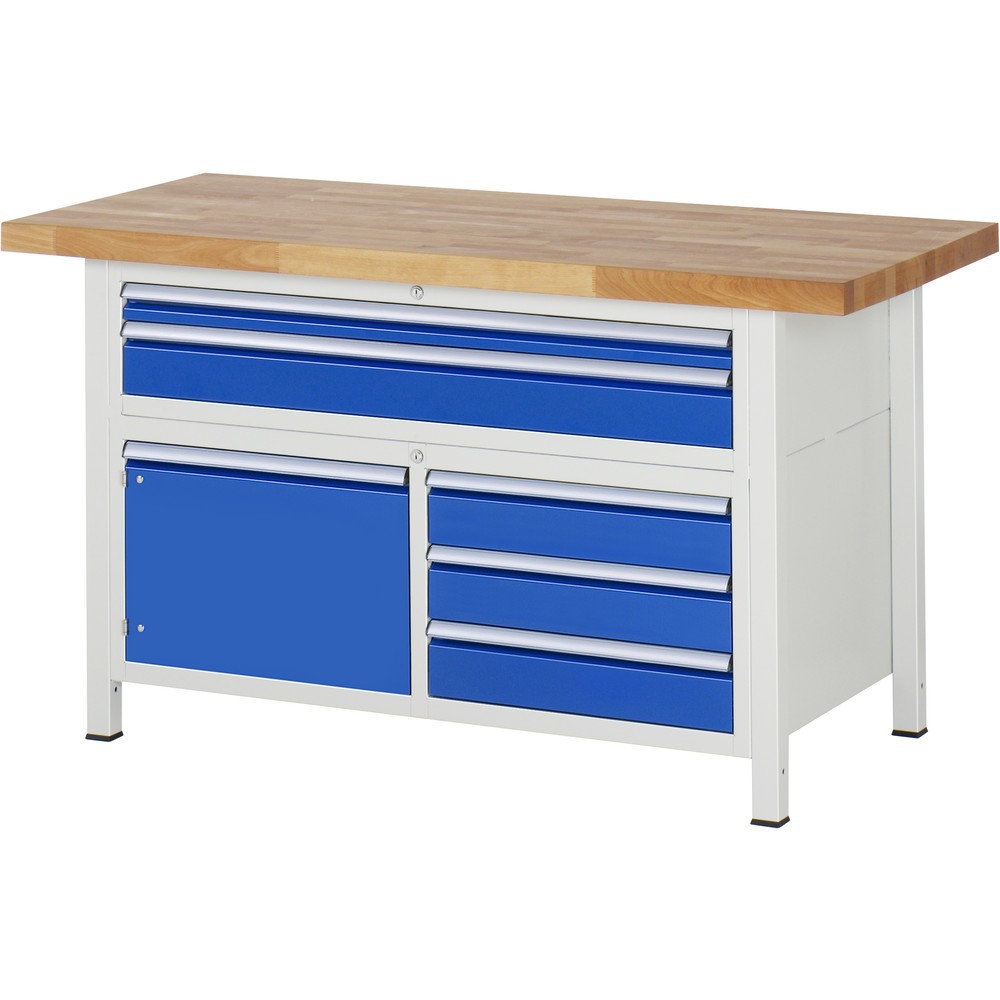 Product afbeelding: RAU werkbank serie 8000, h x b x d 840-1.040 x 1.500 x 700 mm, 1 driedubbele onderbouwkast, met 5 lades en 1 openslaande deur