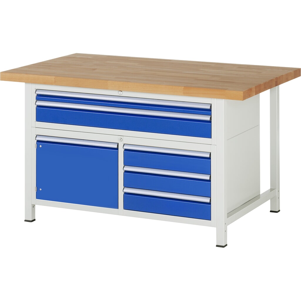 RAU werkbank serie 8000, h x b x d 840-1.040 x 1.500 x 900 mm, 1 driedubbele onderbouwkast, met 5 lades en 1 openslaande deur Product afbeelding: RAU werkbank serie 8000, h x b x d 840-1.040 x 1.500 x 900 mm, 1 driedubbele onderbouwkast, met 5 lades en 1 openslaande deur