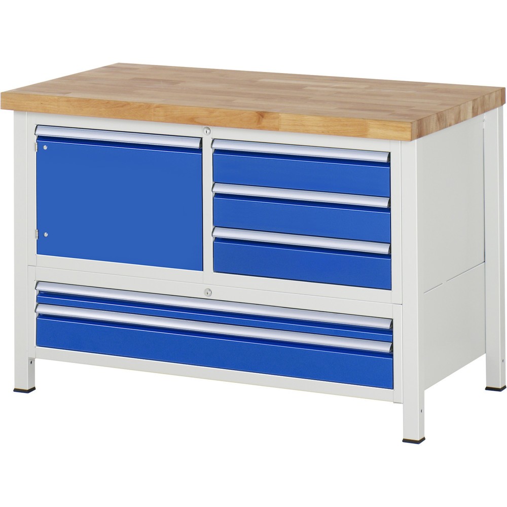 Product afbeelding: Werkbank RAU serie 8000, 1 driedubbele kast, 1 draaideur, hxbxd 840-1.040 x 1.250 x 700 mm, 5 x voor 100% uittrekbare lades