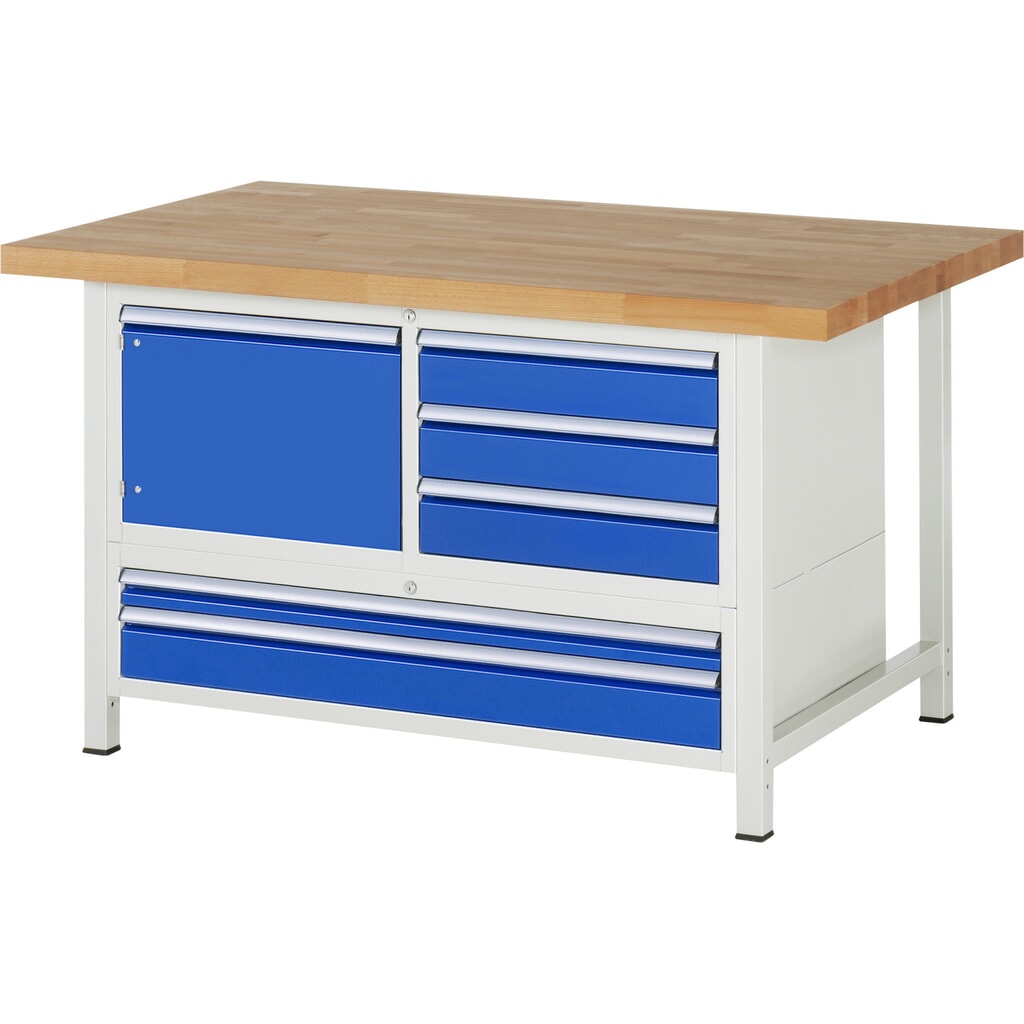 Product afbeelding: Werkbank RAU serie 8000, 1 driedubbele kast, 1 draaideur, hxbxd 840-1.040 x 1.500 x 900 mm, 5 x voor 90% uittrekbare lades