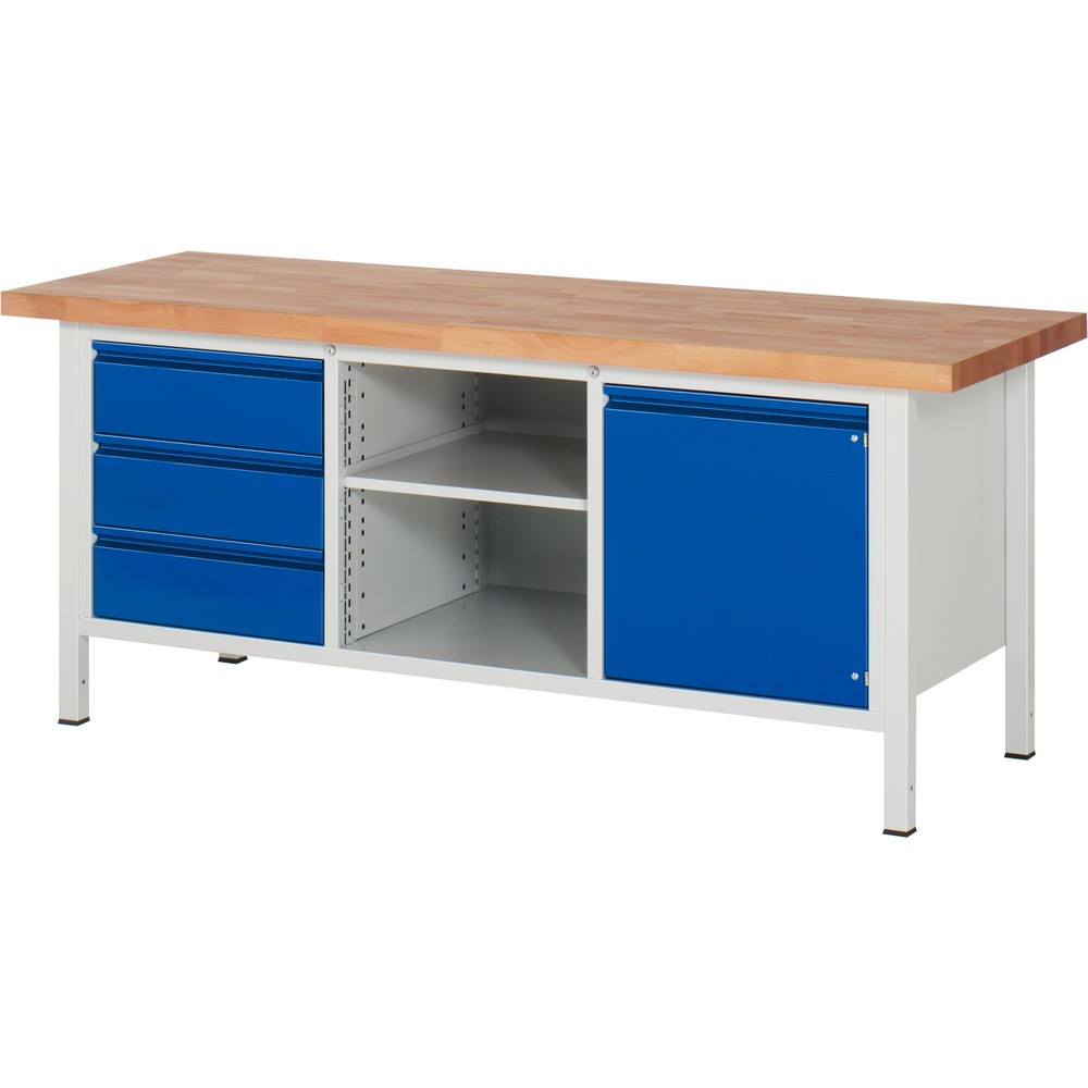 Productafbeelding nr. 1: Werkbank RAU serie 8000, 1 driedubbele kast, 1 legbord, 1 draaideur, hxbxd 840-1.040 x 2.000 x 700 mm, 3 lades, geïntegreerde greeplijst