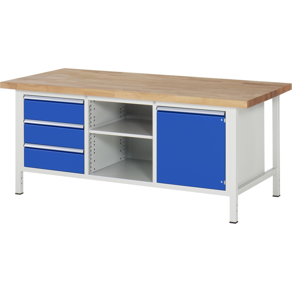 Product afbeelding: RAU werkbank serie 8000, h x b x d 840-1.040 x 2.000 x 900 mm, 1 driedubbele onderbouwkast, met 3 lades en 1 openslaande deur