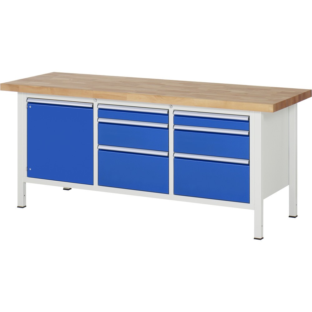 Product afbeelding: RAU werkbank serie 8000, h x b x d 840-1.040 x 2.000 x 700 mm, 1 driedubbele onderbouwkast, met 6 lades en 1 openslaande deur