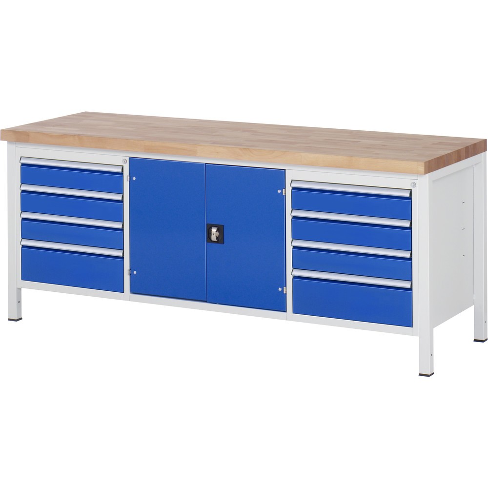 Product afbeelding: RAU werkbank serie 8000, h x b x d 840-1.040 x 2.000 x 700 mm, 1 driedubbele onderbouwkast, met 8 lades en 1 gereedschapsvak