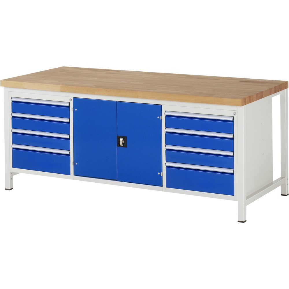 Product afbeelding: RAU werkbank serie 8000, h x b x d 840-1.040 x 2.000 x 900 mm, 1 driedubbele onderbouwkast, met 8 lades en 1 gereedschapsvak