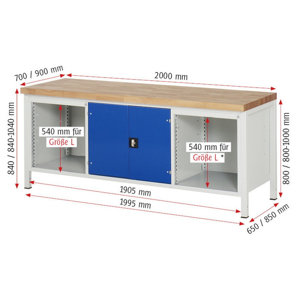 Productafbeelding nr. 5: Werkbank RAU serie 8000, 1 driedubbele kast, 1 legbord, 1 draaideur, hxbxd 840-1.040 x 2.000 x 700 mm, 9 x voor 90% uittrekbare lades