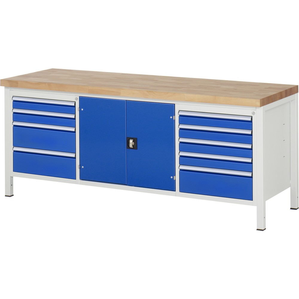 Productafbeelding nr. 1: Werkbank RAU serie 8000, 1 driedubbele kast, 1 legbord, 1 draaideur, hxbxd 840-1.040 x 2.000 x 700 mm, 9 x voor 90% uittrekbare lades