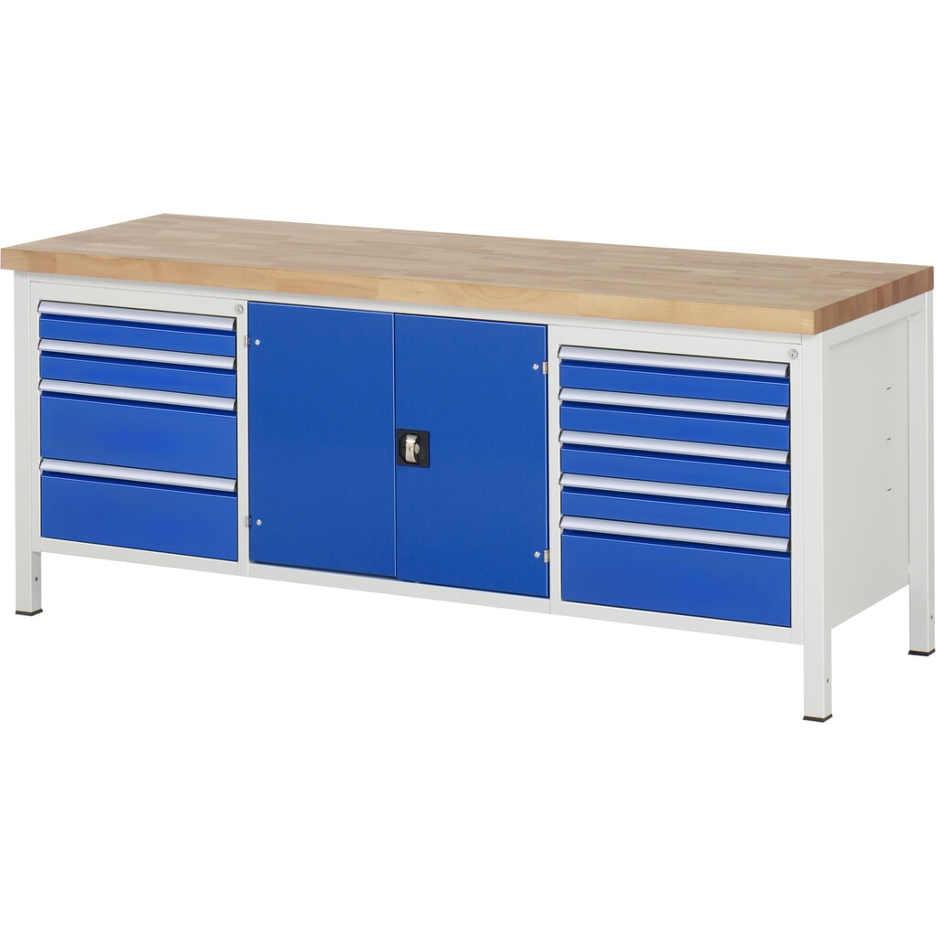 Product afbeelding: Werkbank RAU serie 8000, 1 driedubbele kast, 1 legbord, 1 draaideur, hxbxd 840-1.040 x 2.000 x 700 mm, 9 x voor 90% uittrekbare lades