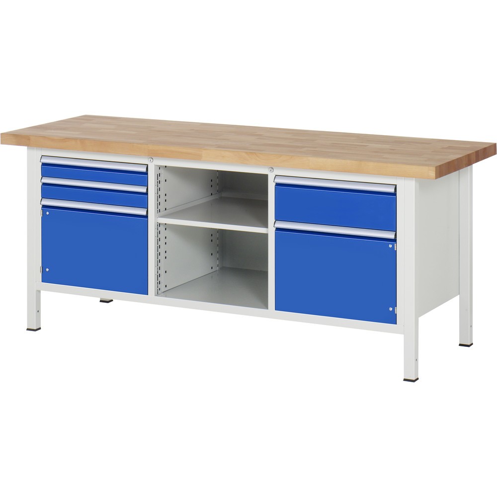 Product afbeelding: RAU werkbank serie 8000, h x b x d 840-1.040 x 2.000 x 700 mm, 1 driedubbele onderbouwkast, met 3 lades en 2 openslaande deuren
