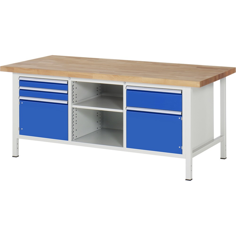 Product afbeelding: RAU werkbank serie 8000, h x b x d 840-1.040 x 2.000 x 900 mm, 1 driedubbele onderbouwkast, met 3 lades en 2 openslaande deuren