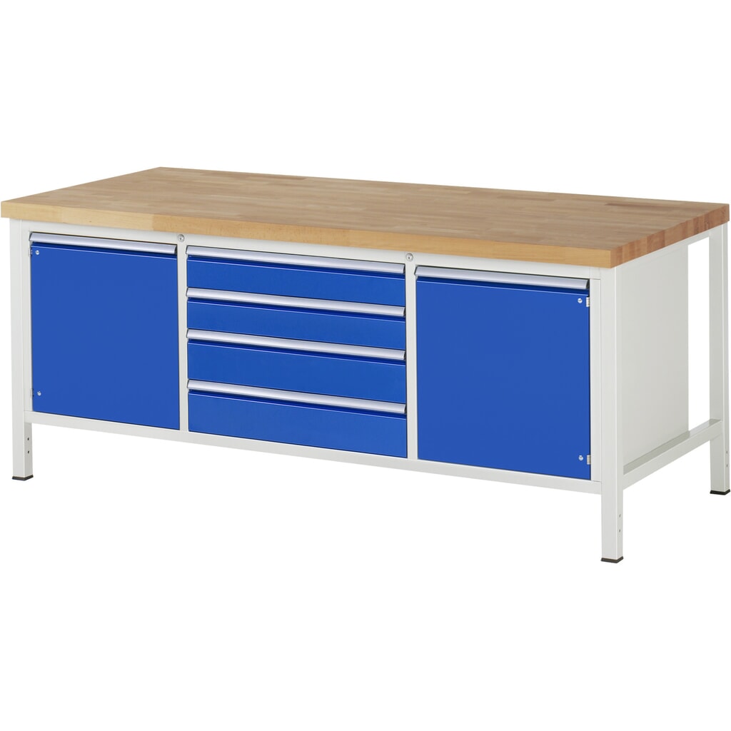 Werkbank RAU serie 8000, 1 driedubbele kast, 1 legbord, hxbxd 840-1.040 x 2.000 x 900 mm, 4 lades Product afbeelding: Werkbank RAU serie 8000, 1 driedubbele kast, 1 legbord, hxbxd 840-1.040 x 2.000 x 900 mm, 4 lades