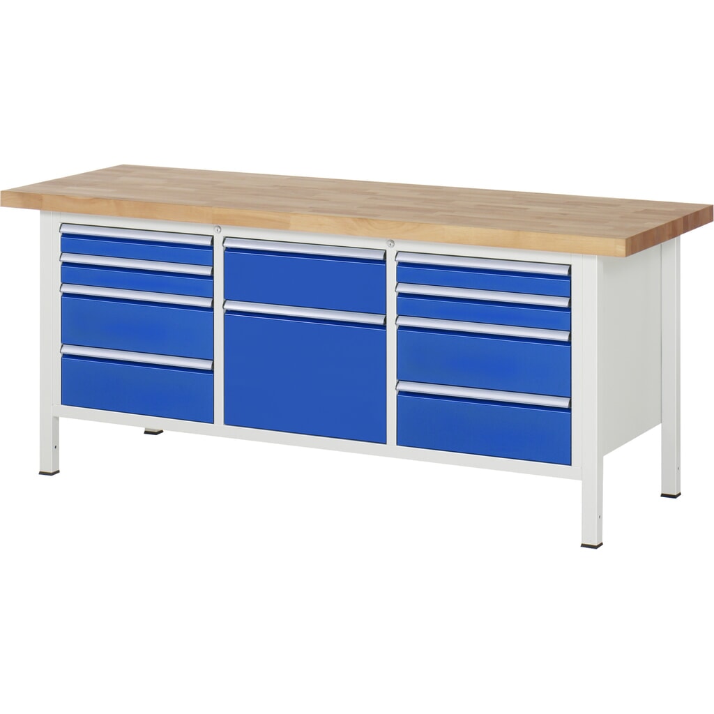 Werkbank RAU serie 8000, 1 driedubbele kast, hxbxd 840-1.040 x 2.000 x 700 mm, 10 x voor 90% uittrekbare lades, 4 x 90, 5 x 180, 1 x 360 mm, draagvermogen lade 100 kg Product afbeelding: Werkbank RAU serie 8000, 1 driedubbele kast, hxbxd 840-1.040 x 2.000 x 700 mm, 10 x voor 90% uittrekbare lades, 4 x 90, 5 x 180, 1 x 360 mm, draagvermogen lade 100 kg