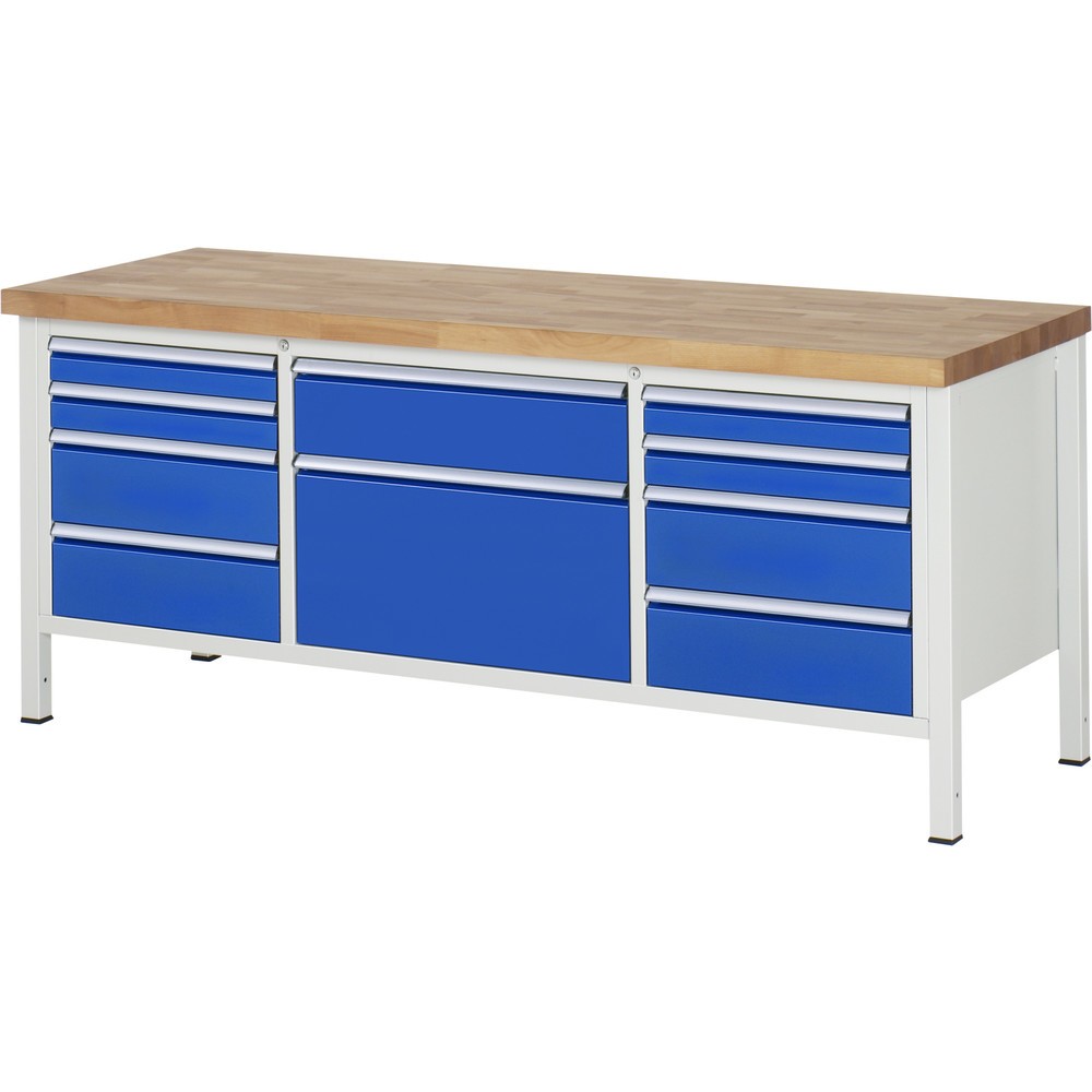 Productafbeelding nr. 1: Werkbank RAU serie 8000, 1 driedubbele kast, hxbxd 840-1.040 x 2.000 x 700 mm, 10 x voor 90% uittrekbare lades, 4 x 90, 5 x 180, 1 x 360 mm, draagvermogen lade 100 / 75 kg