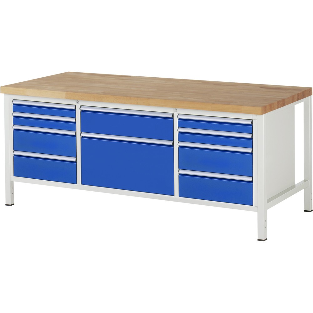 Productafbeelding nr. 1: Werkbank RAU serie 8000, 1 driedubbele kast, hxbxd 840-1.040 x 2.000 x 900 mm, 10 x voor 90% uittrekbare lades, 4 x 90, 5 x 180, 1 x 360 mm, draagvermogen lade 100 / 75 kg