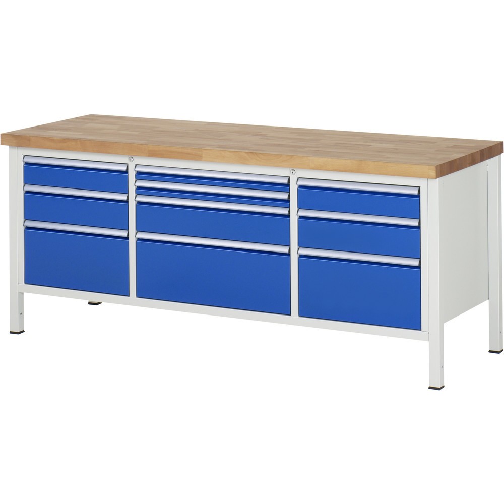 Product afbeelding: Werkbank RAU serie 8000, 1 driedubbele kast, hxbxd 840-1.040 x 2.000 x 700 mm, 10 x voor 90% uittrekbare lades, 2 x 60, 2 x 120, 3 x 150, 3 x 270 mm, draagvermogen lade 100 / 75 kg