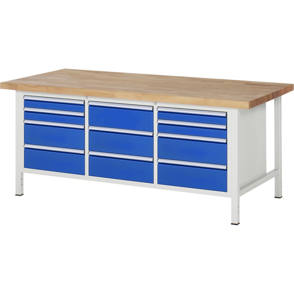 Product afbeelding: Werkbank RAU serie 8000, 1 driedubbele kast, hxbxd 840-1.040 x 2.000 x 900 mm, 11 lades, 4 x 90, 7 x 180 mm, draagvermogen lade 100 kg