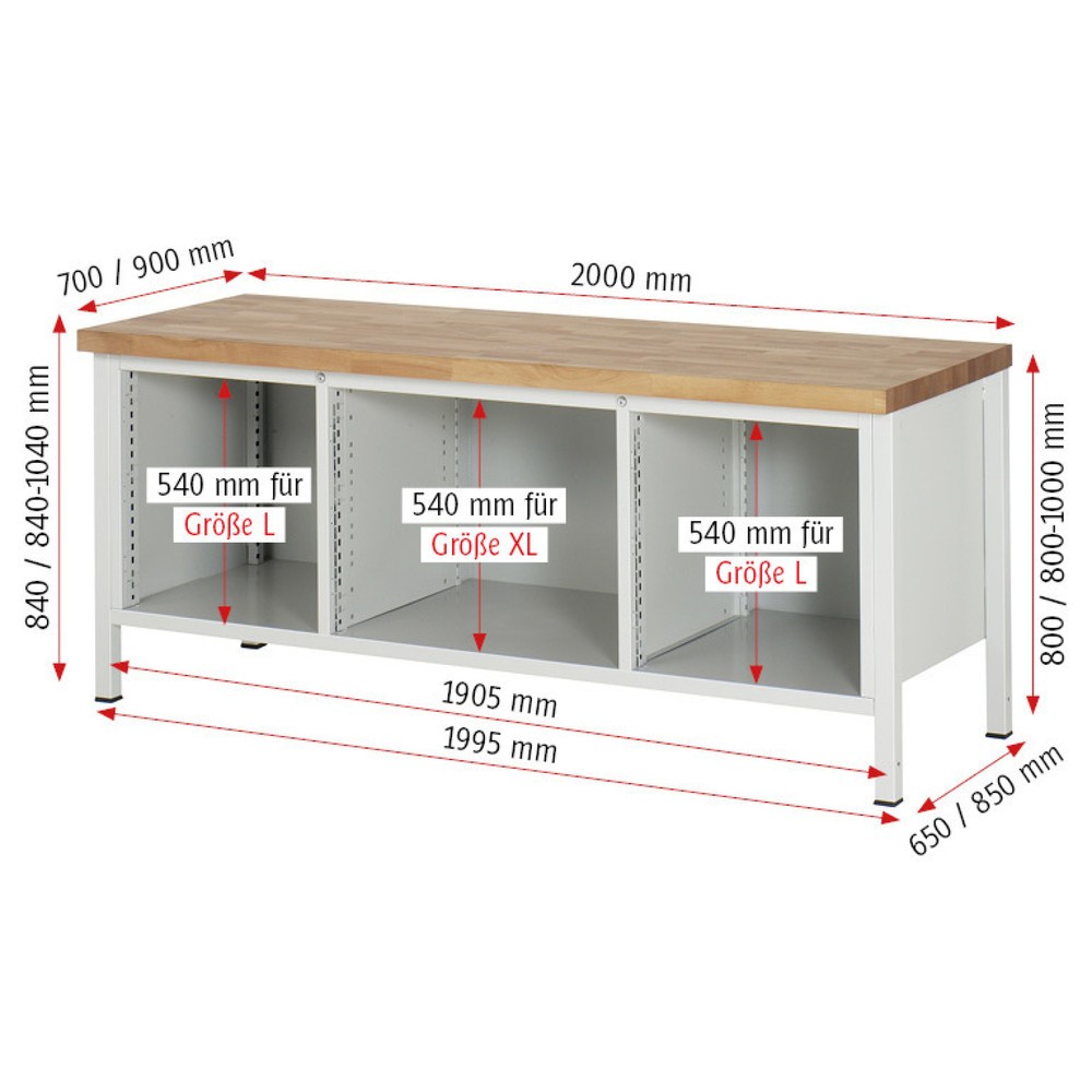 Productafbeelding nr. 5: Werkbank RAU serie 8000, 1 driedubbele kast, 1 legbord, 2 draaideuren, hxbxd 840-1.040 x 2.000 x 900 mm, 4 lades