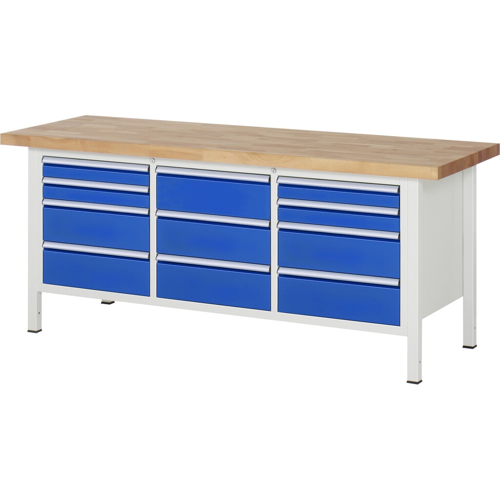 Werkbank RAU serie 8000, 1 driedubbele kast, hxbxd 840-1.040 x 2.000 x 700 mm, 11 lades, 4 x 90, 7 x 180 mm, draagvermogen lade 100 kg Product afbeelding: Werkbank RAU serie 8000, 1 driedubbele kast, hxbxd 840-1.040 x 2.000 x 700 mm, 11 lades, 4 x 90, 7 x 180 mm, draagvermogen lade 100 kg