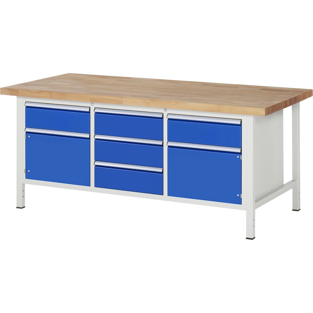 Product afbeelding: RAU werkbank serie 8000, h x b x d 840-1.040 x 2.000 x 900 mm, 1 driedubbele onderbouwkast, met 5 lades en 2 openslaande deuren
