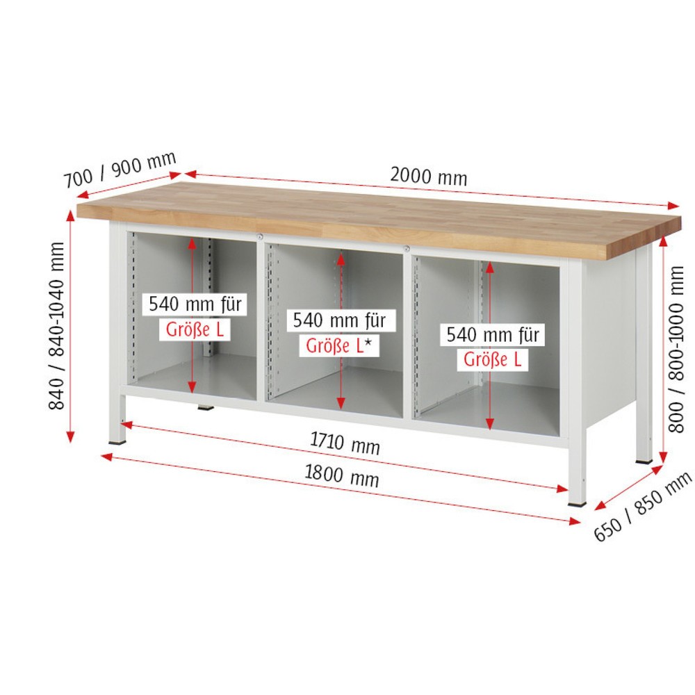Productafbeelding nr. 6: Werkbank RAU serie 8000, 1 driedubbele kast, 2 legborden, hxbxd 840-1.040 x 2.000 x 700 mm, 3 x voor 90% uittrekbare lades