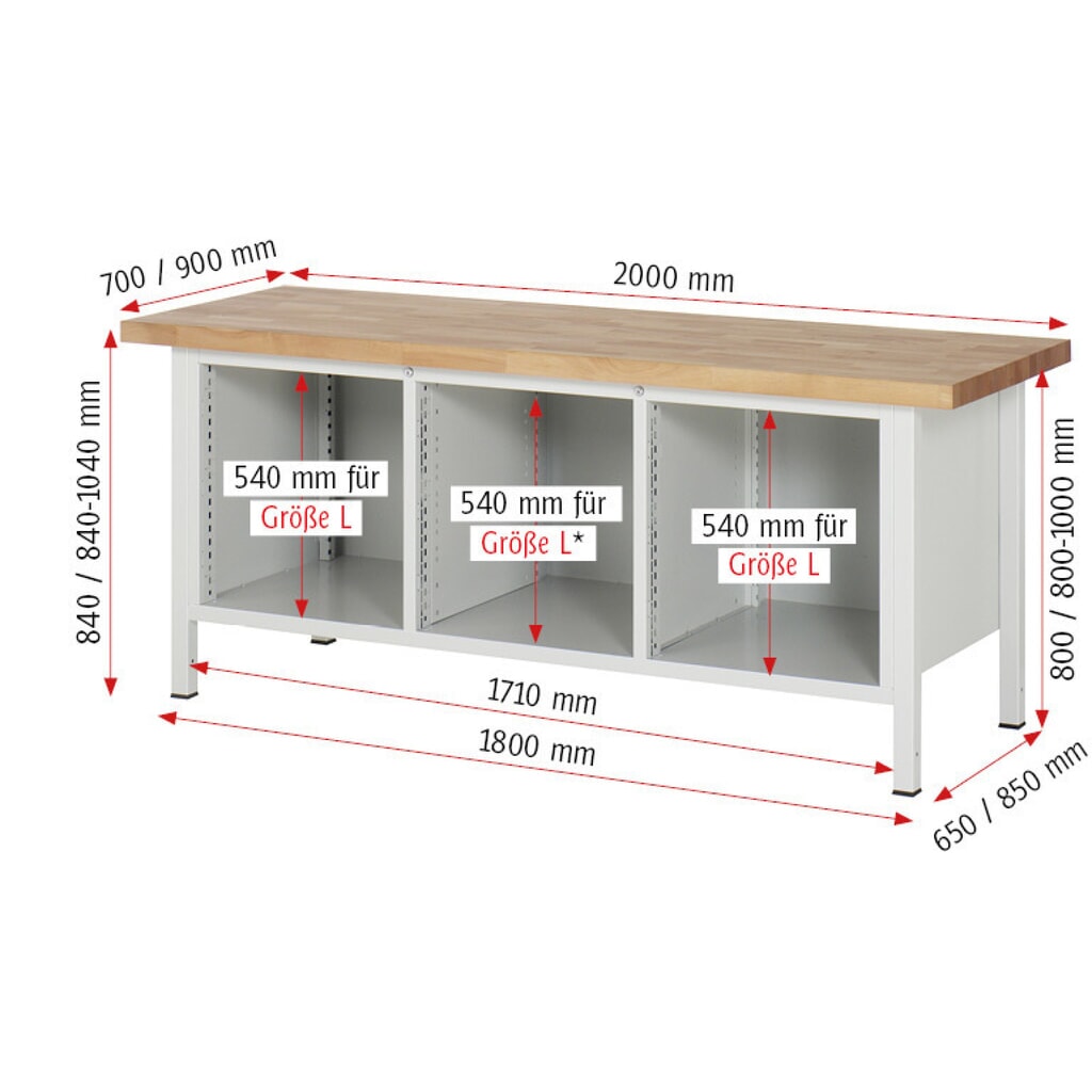 Productafbeelding nr. 6: Werkbank RAU serie 8000, 1 driedubbele kast, hxbxd 840 x 2.000 x 700 mm, 8 x voor 90% uittrekbare lades 7 x 180, 1 x 360 mm