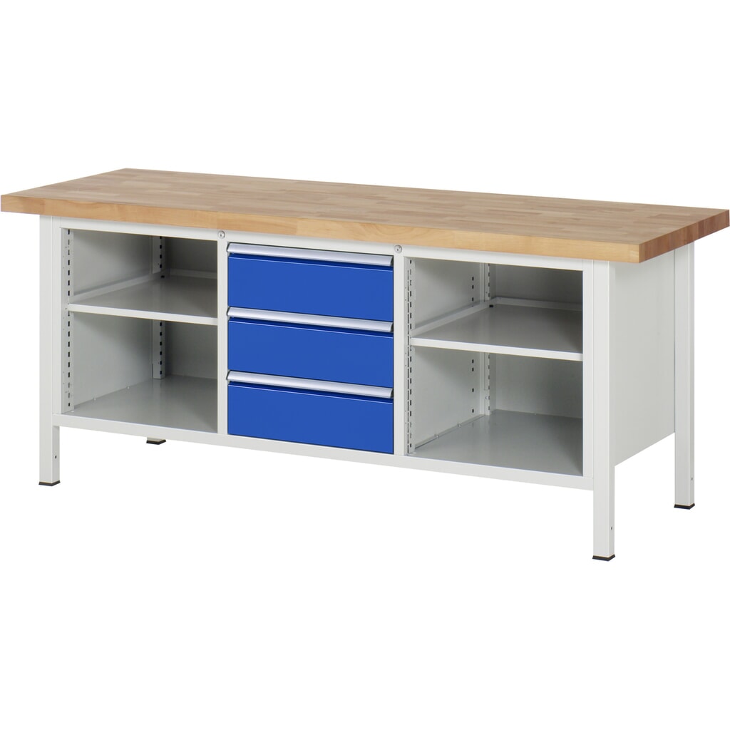 Werkbank RAU serie 8000, 1 driedubbele kast, 2 legborden, hxbxd 840-1.040 x 2.000 x 700 mm, 3 x voor 90% uittrekbare lades Product afbeelding: Werkbank RAU serie 8000, 1 driedubbele kast, 2 legborden, hxbxd 840-1.040 x 2.000 x 700 mm, 3 x voor 90% uittrekbare lades
