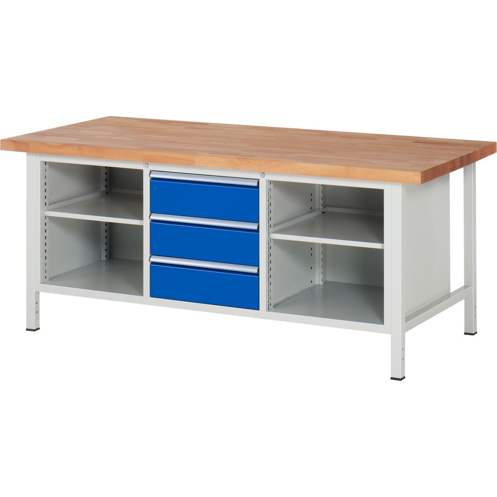 Productafbeelding nr. 1: Werkbank RAU serie 8000, 1 driedubbele kast, 2 legborden, hxbxd 840-1.040 x 2.000 x 900 mm, 3 x voor 100% uittrekbare lades