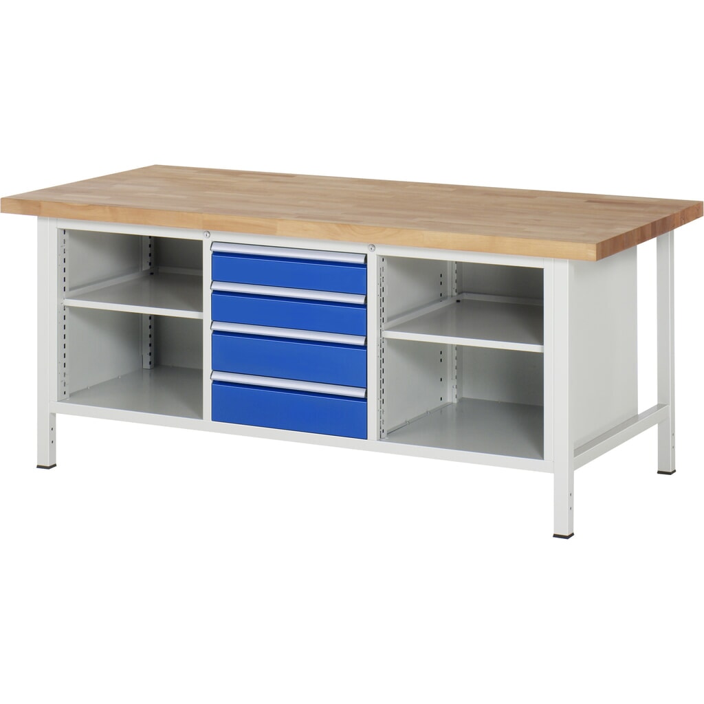 Werkbank RAU serie 8000, 1 driedubbele kast, 2 legborden, hxbxd 840-1.040 x 2.000 x 900 mm, 4 x voor 100% uittrekbare lades, draagvermogen lade 100 kg Product afbeelding: Werkbank RAU serie 8000, 1 driedubbele kast, 2 legborden, hxbxd 840-1.040 x 2.000 x 900 mm, 4 x voor 100% uittrekbare lades, draagvermogen lade 100 kg