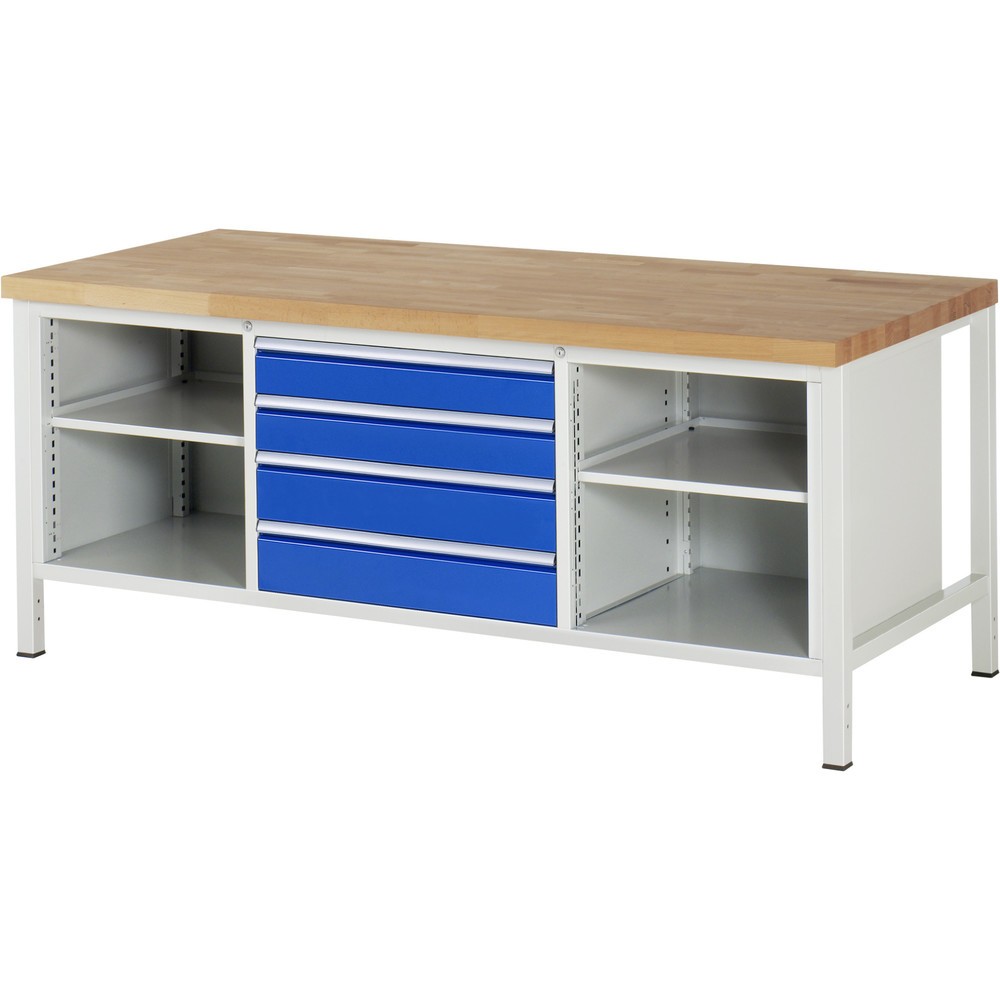 Productafbeelding nr. 1: Werkbank RAU serie 8000, 1 driedubbele kast, 2 legborden, hxbxd 840-1.040 x 2.000 x 900 mm, 4 x voor 90% uittrekbare lades, draagvermogen lade 75 kg