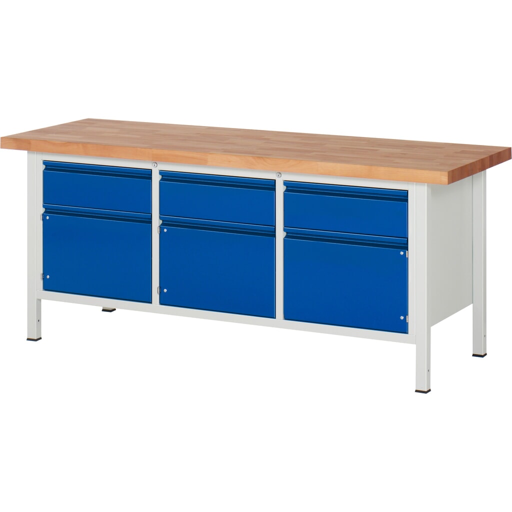 Product afbeelding: Werkbank RAU serie 8000, 1 driedubbele kast, 3 draaideuren, hxbxd 840-1.040 x 2.000 x 700 mm, 3 lades, geïntegreerde greeplijst