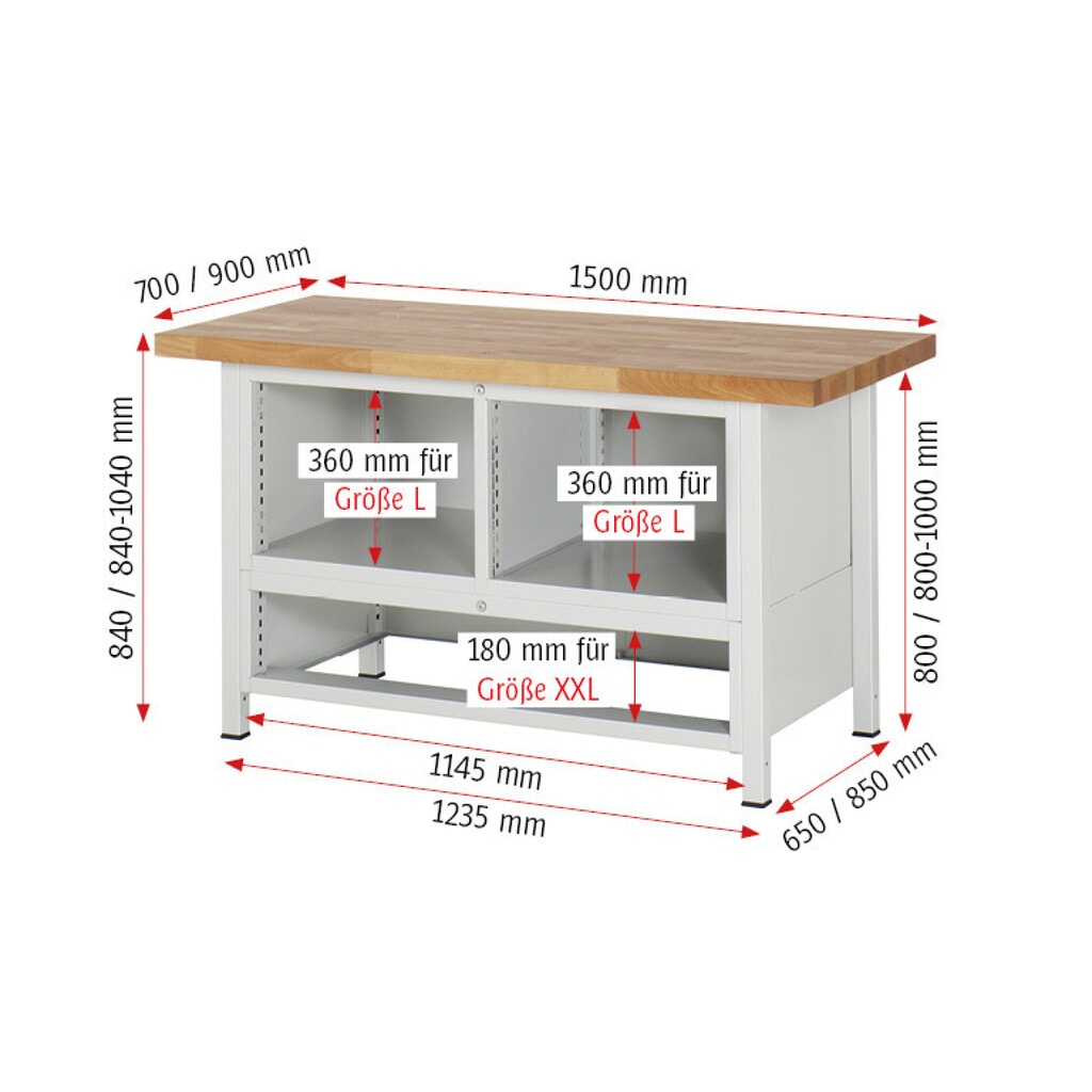 Productafbeelding nr. 9: Werkbank RAU serie 8000, 1 driedubbele kast, 1 draaideur, hxbxd 840-1.040 x 1.500 x 900 mm, 5 x voor 90% uittrekbare lades