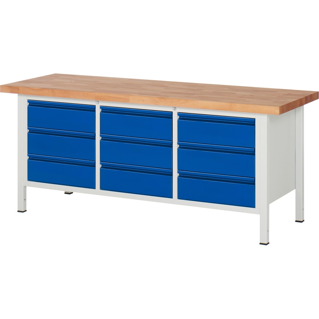 Werkbank RAU serie 8000, 1 driedubbele kast, hxbxd 840 x 2.000 x 700 mm, 9 x voor 90% uittrekbare lades, 9 x 180 mm, draagvermogen lade 100 kg Productafbeelding nr. 1: Werkbank RAU serie 8000, 1 driedubbele kast, hxbxd 840 x 2.000 x 700 mm, 9 x voor 90% uittrekbare lades, 9 x 180 mm, draagvermogen lade 100 kg
