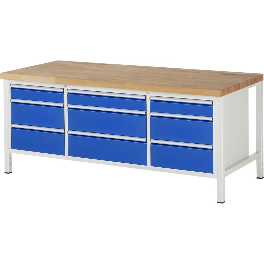 Productafbeelding nr. 1: Werkbank RAU serie 8000, 1 driedubbele kast, hxbxd 840-1.040 x 2.000 x 900 mm, 9 x voor 100% uittrekbare lades, 3 x 120, 6 x 210 mm, draagvermogen lade 75 / 100 kg