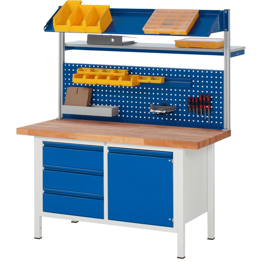 Product afbeelding: Werkbank RAU serie 8000, 1 dubbele kast, 1 draaideur, 1 legbord, hxbxd 840 x 1.500 x 700 mm, 3 lades