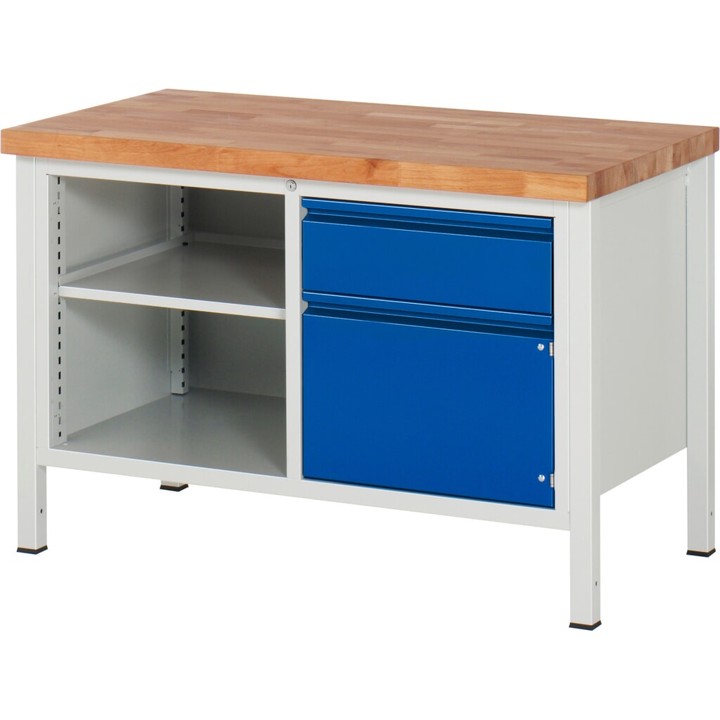 Product afbeelding: Werkbank RAU serie 8000, 1 dubbele kast, 1 legbord, 1 draaideur, hxbxd 840-1.040 x 1.250 x 700 mm, 1 x voor 90% uittrekbare lades