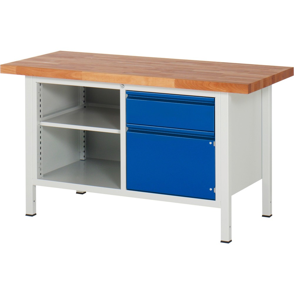 Product afbeelding: Werkbank RAU serie 8000, 1 dubbele kast, 1 legbord, 1 draaideur, hxbxd 840-1.040 x 1.500 x 700 mm, 1 x voor 90% uittrekbare lades