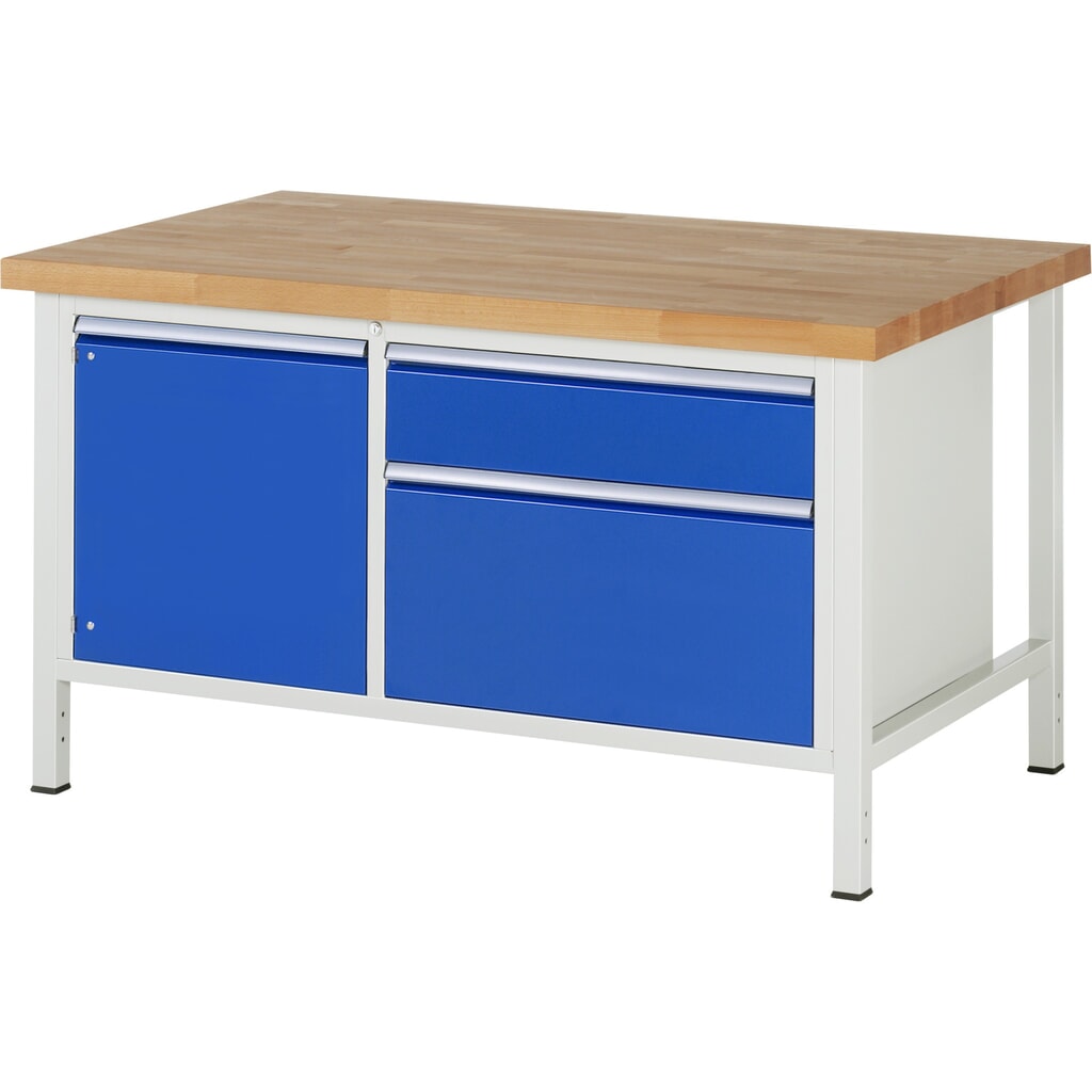 Productafbeelding nr. 1: Werkbank RAU serie 8000, 1 dubbele kast, 1 legbord, 1 draaideur, hxbxd 840-1.040 x 1.500 x 900 mm, 2 x voor 90% uittrekbare lades 1 x 180, 1 x 360 mm