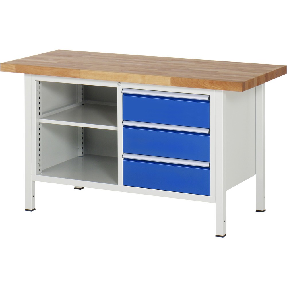 Productafbeelding nr. 1: Werkbank RAU serie 8000, 1 dubbele kast, 1 legbord, hxbxd 840-1.040 x 1.500 x 700 mm, 3 x voor 100% uittrekbare lades