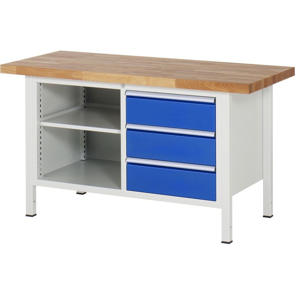 Werkbank RAU serie 8000, 1 dubbele kast, 1 legbord, hxbxd 840-1.040 x 1.500 x 700 mm, 3 x voor 100% uittrekbare lades Productafbeelding nr. 1: Werkbank RAU serie 8000, 1 dubbele kast, 1 legbord, hxbxd 840-1.040 x 1.500 x 700 mm, 3 x voor 100% uittrekbare lades